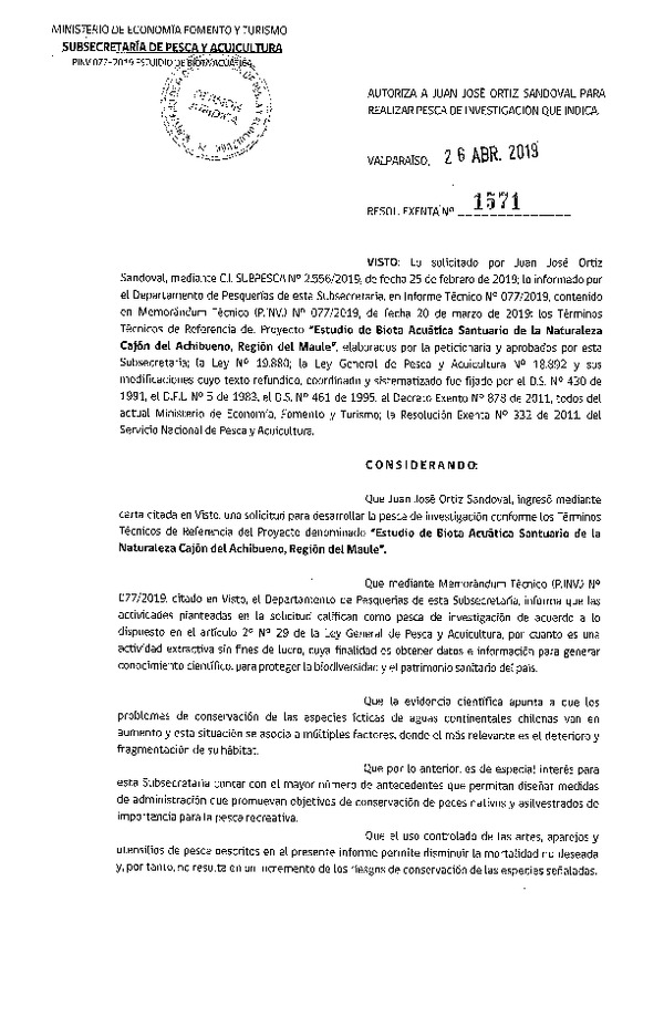Res. Ex. N° 1571-2019 Estudio de biota acuática, Región del Maule.