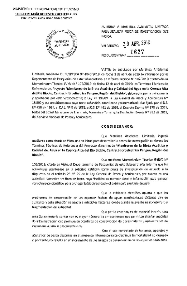 Res. Ex. N° 1627-2019 Monitoreo de la biota acuática, Región del Biobío.