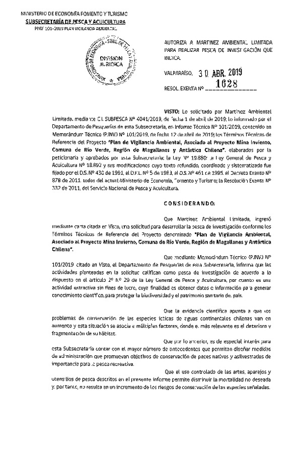 Res. Ex. N° 1628-2019 Plan de vigilancia ambiental, Región de Magallanes y Antártica Chilena