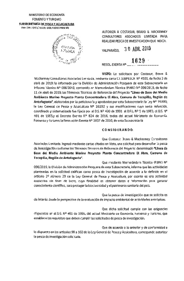 Res. Ex. N° 1629-2019 Línea de base del medio ambiental marino, Región de Antofagasta.