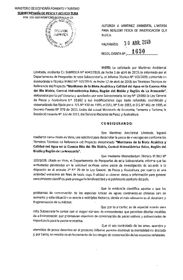 Res. Ex. N° 1630-2019 Monitoreo de la biota acuática, Región del Biobío y de La Araucanía.