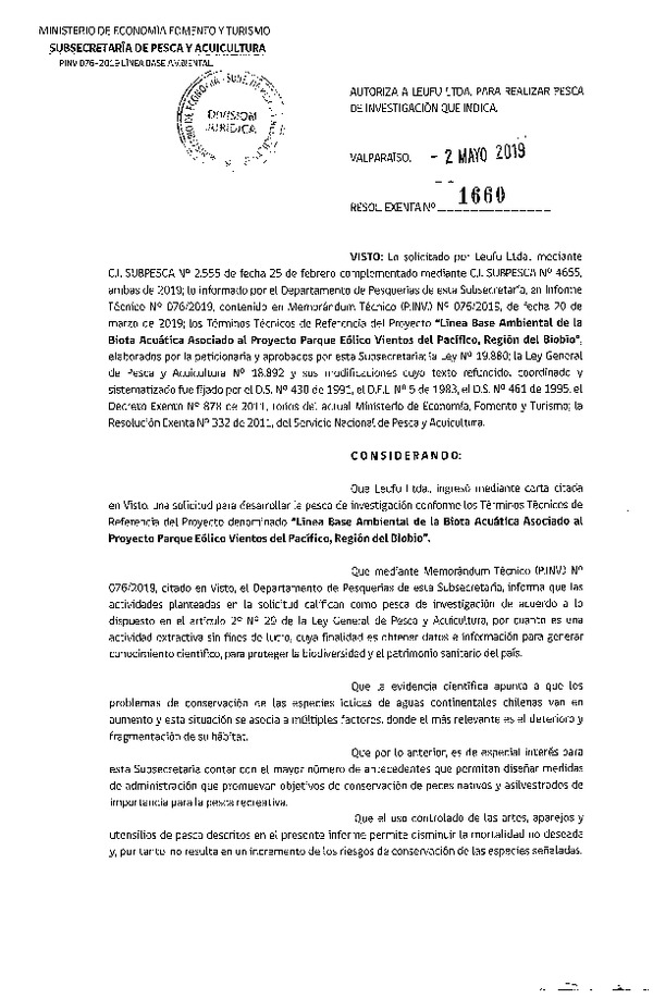 Res. Ex. N° 1660-2019 Línea base ambiental de la biota acuática.