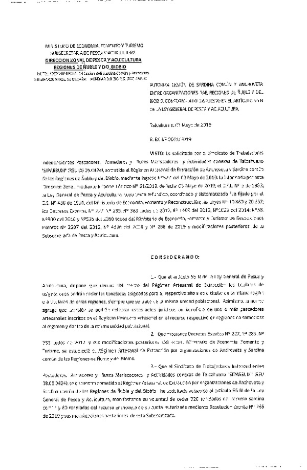 Res. Ex. N° 61-2019 (DZP VIII) Autoriza cesión Anchoveta y sardina común Regiones de Ñuble y del Biobío.