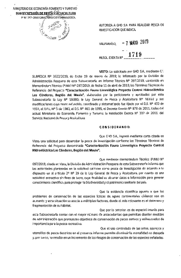 Res. Ex. N° 1719-2019 Caracterización fauna limnológica, Región del Maule.