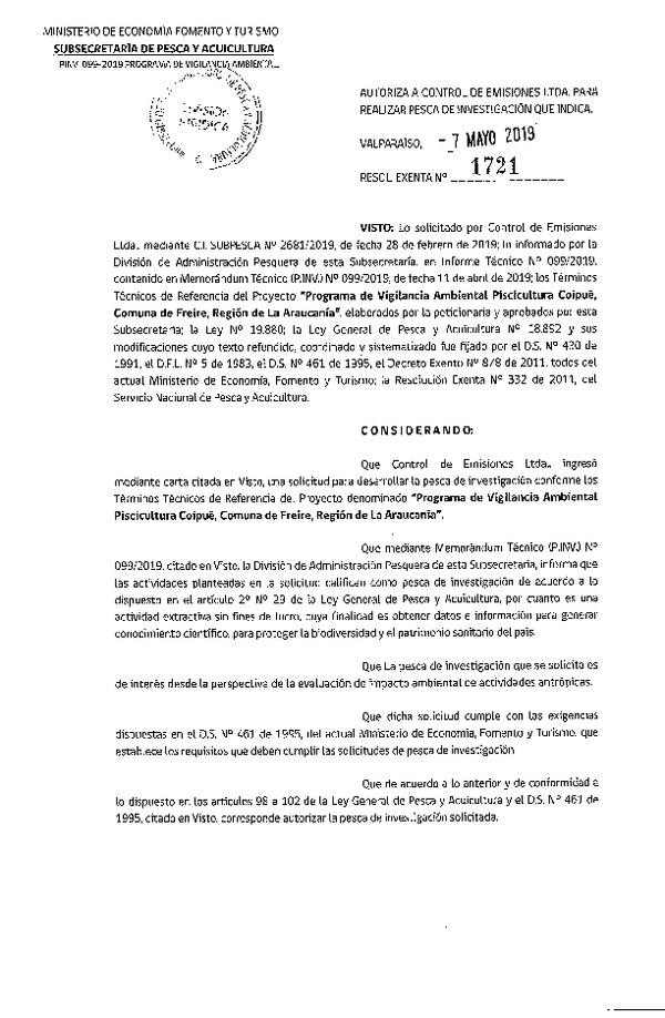 Res. Ex. N° 1721-2019 Programa de vigilancia ambiental, Región de La Araucanía.