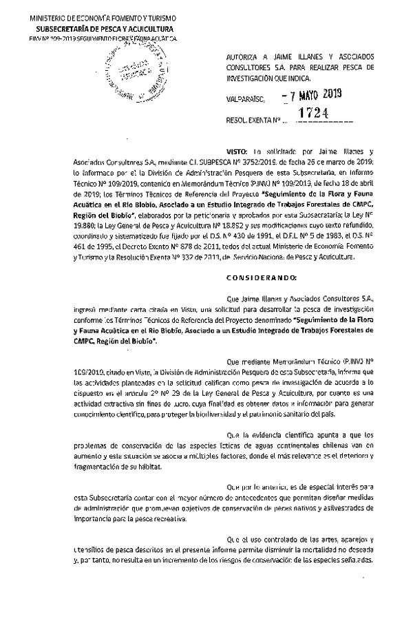 Res. Ex. N° 1724-2019 Seguimiento de flora y fauna acuática, Región del Biobío.