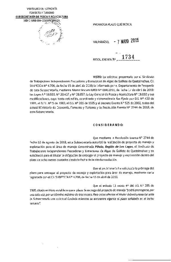 Res. Ex. N° 1734-2019 prorroga Plan de Manejo.