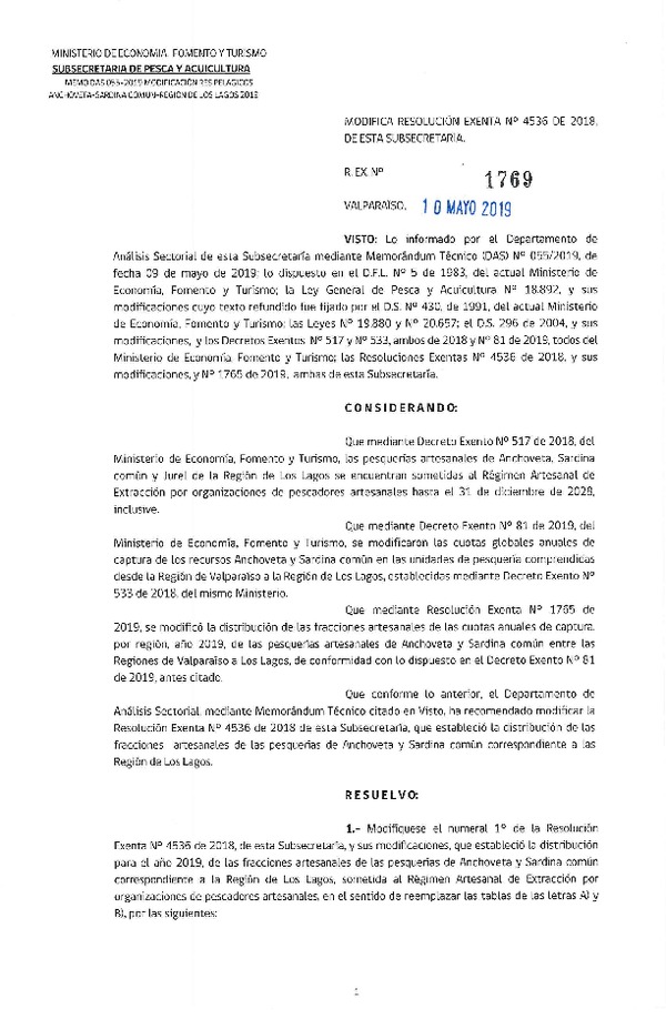 Res. Ex. N° 1769-2019 Modifica Res Exenta N°4536 de 2018, Anchoveta y Sardina Común. (Publicado en Página Web 13-05-2019) (F.D.O. 18-05-2019)