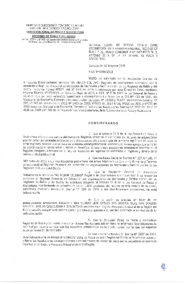 Res. Ex. N° 65-2019 (DZP VIII) Autoriza cesión Anchoveta y sardina común Regiones de Ñuble y del Biobío.