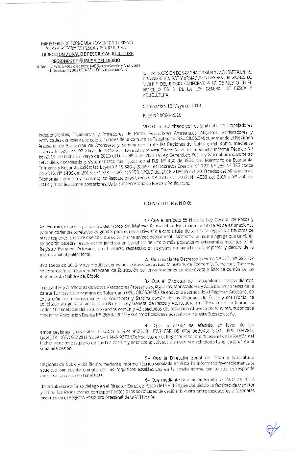 Res. Ex. N° 66-2019 (DZP VIII) Autoriza cesión Anchoveta y sardina común Regiones de Ñuble y del Biobío.