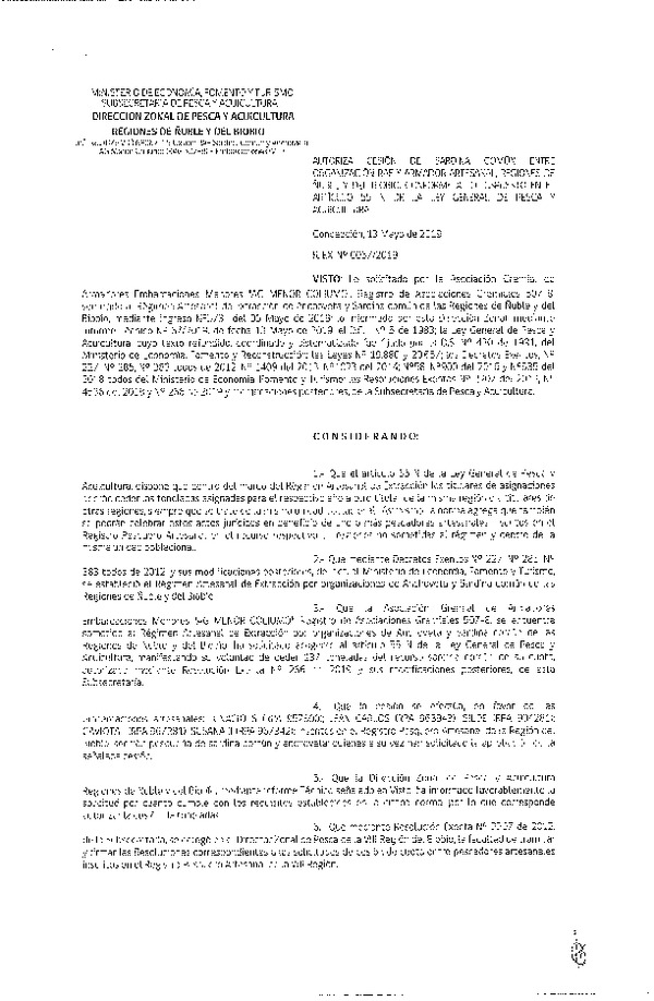 Res. Ex. N° 67-2019 (DZP VIII) Autoriza cesión Anchoveta y sardina común Regiones de Ñuble y del Biobío.