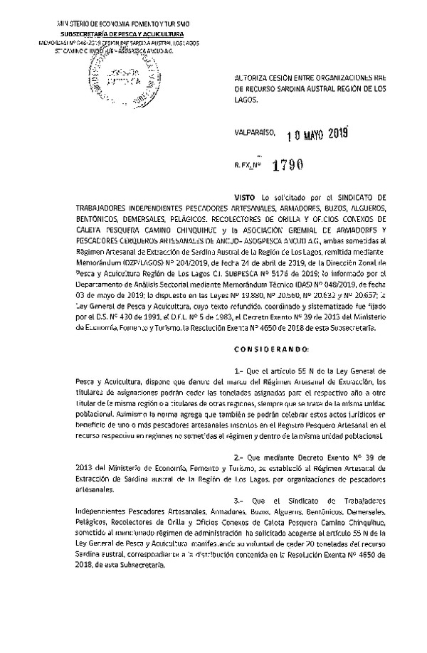 Res. Ex. N° 1790-2019 Autoriza cesión Sardina austral, Región de Los Lagos.