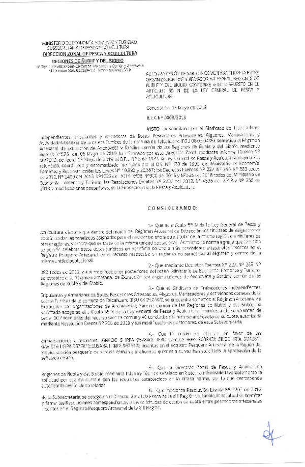 Res. Ex. N° 68-2019 (DZP VIII) Autoriza cesión Anchoveta y sardina común Regiones de Ñuble y del Biobío.