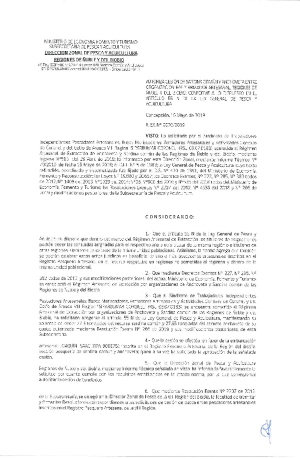 Res. Ex. N° 70-2019 (DZP VIII) Autoriza cesión Anchoveta y sardina común Regiones de Ñuble y del Biobío.