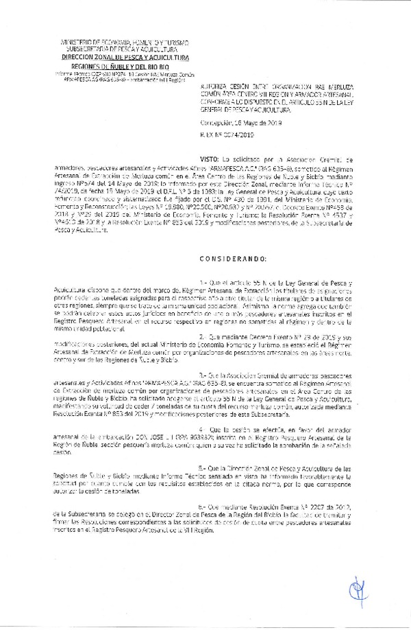 Res. Ex. N° 74-2019 (DZP VIII) Autoriza cesión Merluza común Regiones de Ñuble y del Biobío.