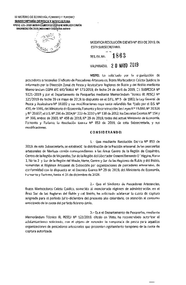Res. Ex. N° 1863-2019 Modifica Res. Ex. N° 853-2019 Distribución de la fracción artesanal de pesquería de merluza común, Regiones de Coquimbo al Biobío, año 2019. (Publicado en Página Web 22-05-2019)