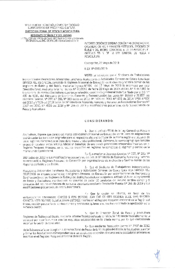 Res. Ex. N° 81-2019 (DZP VIII) Autoriza cesión Anchoveta y sardina común Regiones de Ñuble y del Biobío.