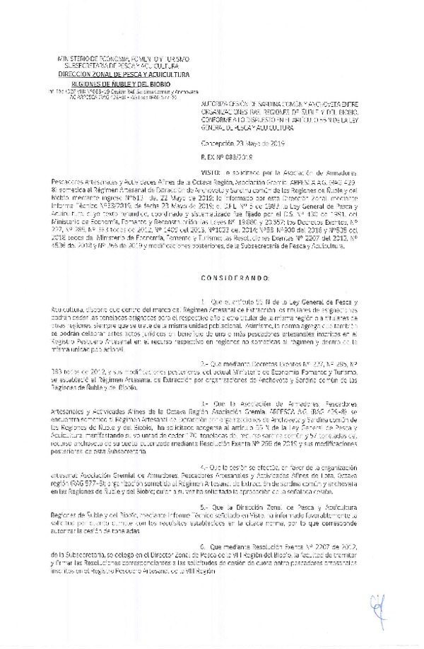 Res. Ex. N° 88-2019 (DZP VIII) Autoriza cesión Anchoveta y sardina común Regiones de Ñuble y del Biobío.