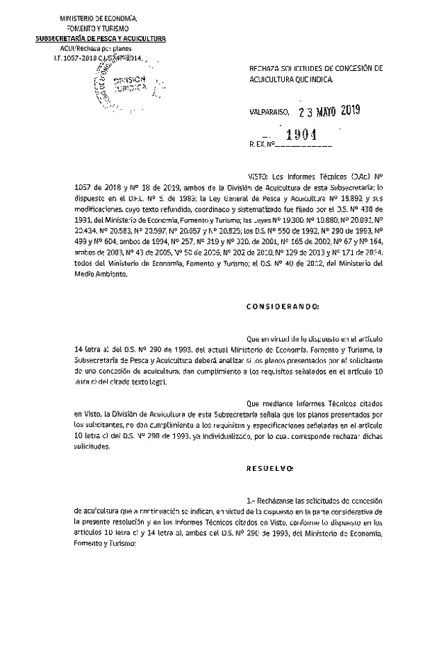 Res. Ex. N° 1904-2019 Rechaza solicitudes de concesión de acuicultura que indica.