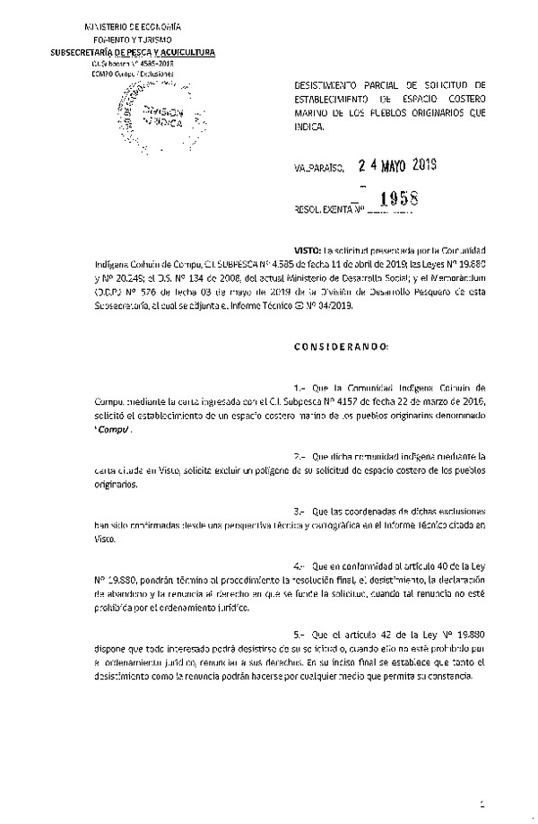 Res. Ex. N° 1958-2019 Desistimiento parcial de solicitud de establecimiento ECMPO Compu. (Publicado en Página Web 27-05-2019)