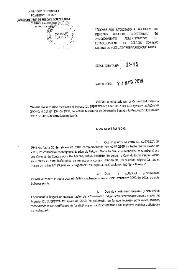 Res. Ex. N° 1985-2019 Téngase por interesado a la comunidad indígena Williche Weketrumao en procedimiento administrativo de ECMPO. (Publicado en Página web 27-05-2019)