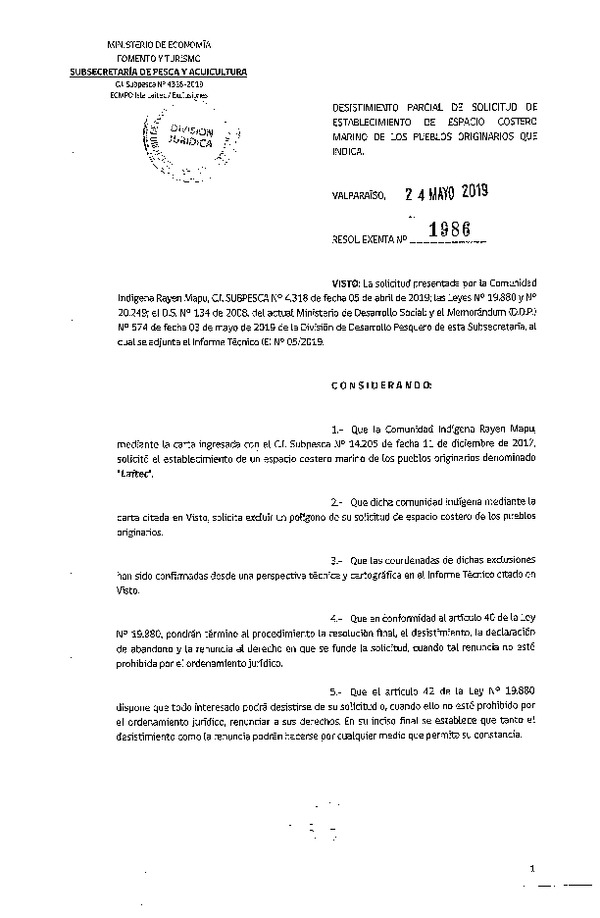 Res. Ex. N° 1986-2019 Desistimiento parcial de solicitud de establecimiento ECMPO Laitec. (Publicado en Página Web 27-05-2019)