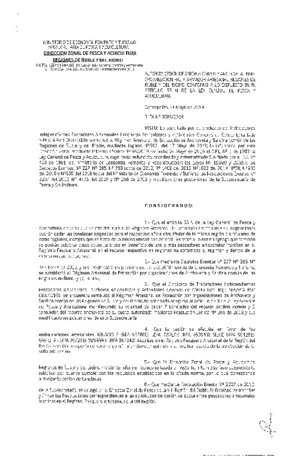 Res. Ex. N° 89-2019 (DZP VIII) Autoriza cesión Anchoveta y sardina común Regiones de Ñuble y del Biobío.