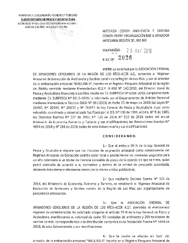 Res. Ex. N° 2026-2019 Autoriza cesión Anchoveta y sardina común Región del Biobío.