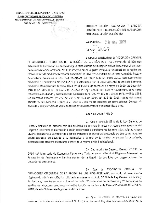 Res. Ex. N° 2027-2019 Autoriza cesión Anchoveta y sardina común Región del Biobío.