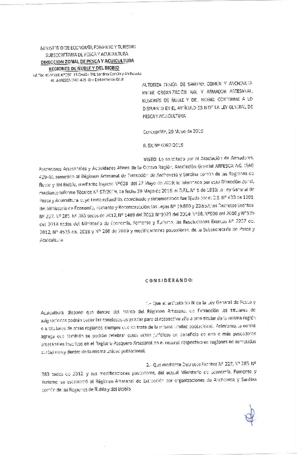 Res. Ex. N° 97-2019 (DZP VIII) Autoriza cesión Anchoveta y sardina común Regiones de Ñuble y del Biobío.