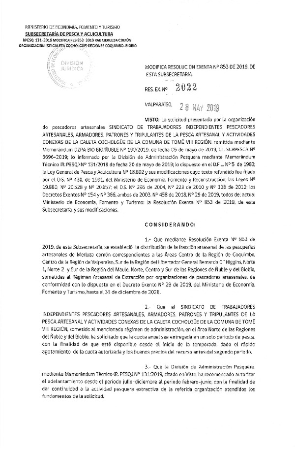 Res. Ex. N° 2022-2019 Modifica Res. Ex. N° 853-2019 Distribución de la fracción artesanal de pesquería de merluza común, Regiones de Coquimbo al Biobío, año 2019. (Publicado en Página Web 22-05-2019)
