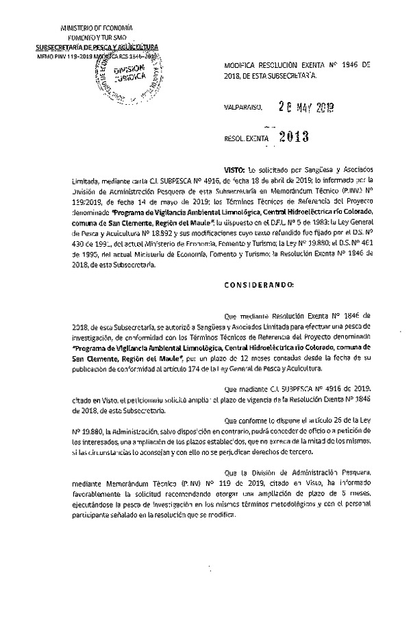 Res. Ex. N° 2013-2019 Programa de vigilancia ambiental, Región del Maule.