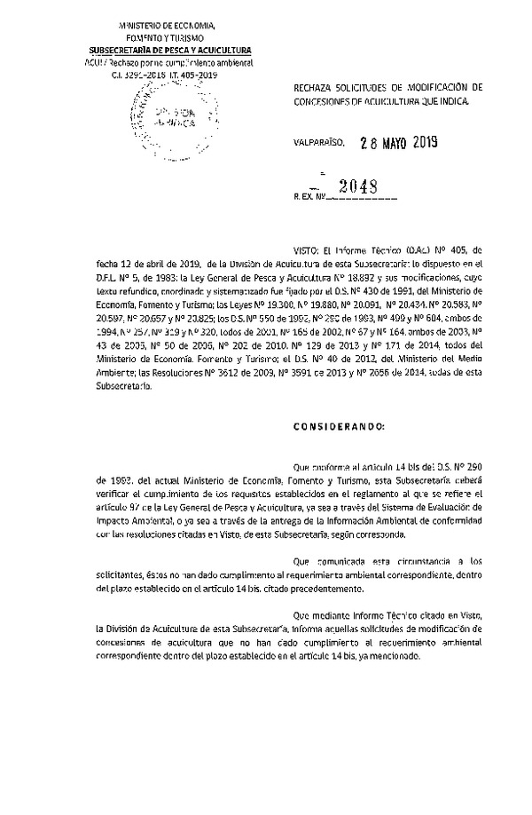 Res. Ex. N° 2048-2019 Rechaza solicitud de modificación de concesión de acuicultura que indica.