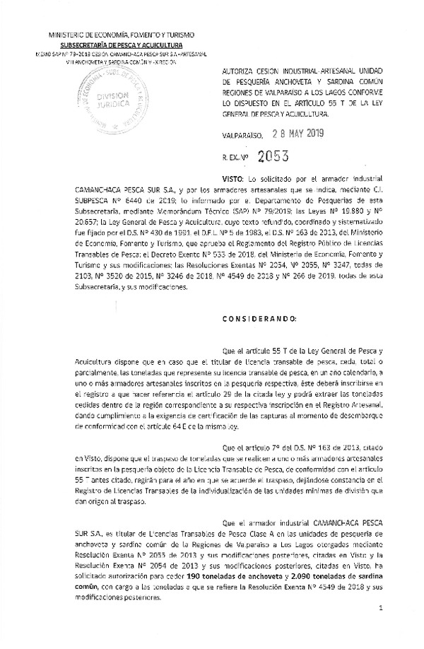 Res. Ex. N° 2053-2019 Autoriza cesión pesquería Anchoveta y Sardina común, Regiones de Valparaíso a Los Lagos.