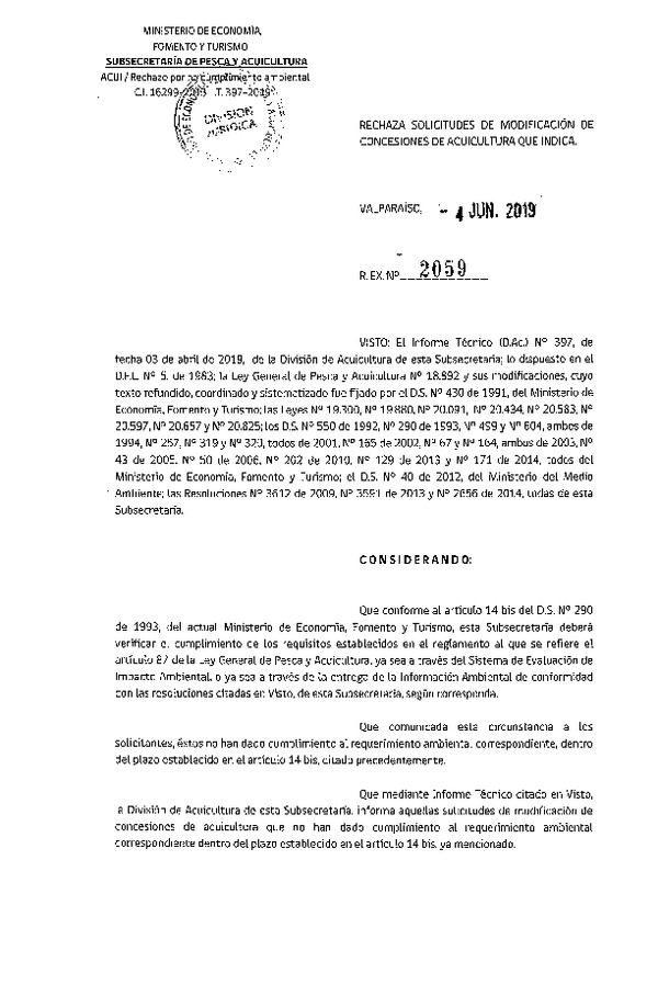 Res. Ex. N° 2059-2019 Rechaza solicitudes de modificación de concesiones de acuicultura que indica.