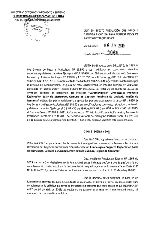 Res. Ex. N° 2069-2019 Caracterización limnológica, Región de Atacama.