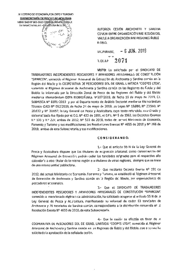 Res. Ex. N° 2071-2019 Autoriza cesión Anchoveta y Sardina común Regiones del Maule a Ñuble - Biobío.