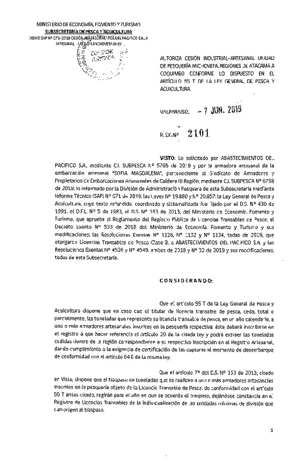 Res. Ex. N° 2101-2019 Autoriza cesión pesquería Anchoveta , Regiones de Atacama a Coquimbo.