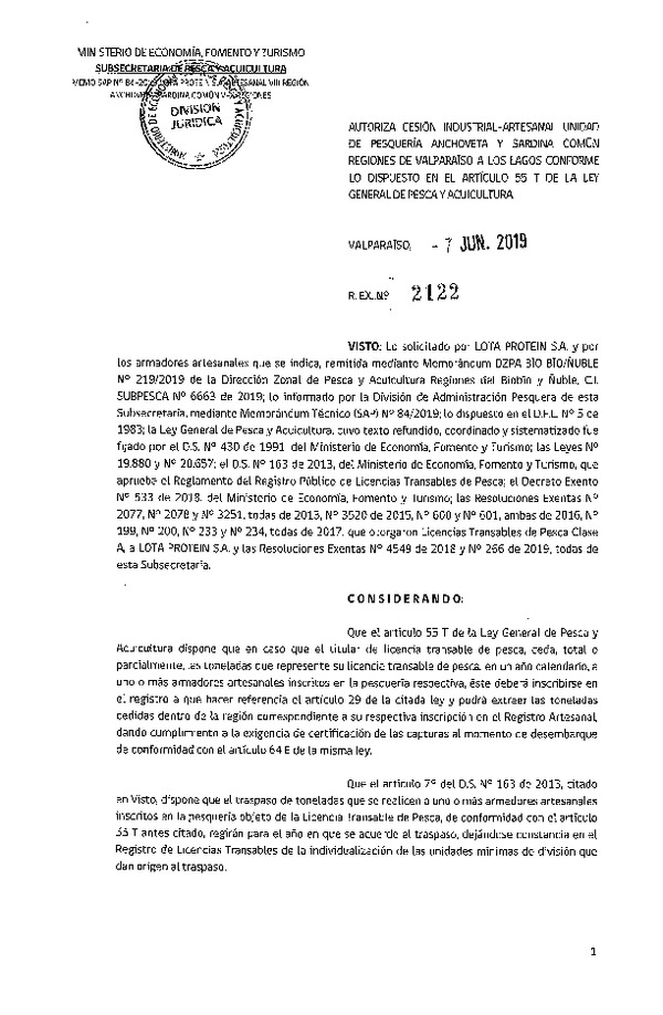 Res. Ex. N° 2122-2019 Autoriza cesión pesquería Anchoveta y Sardina común, Regiones de Valparaíso a Los Lagos.