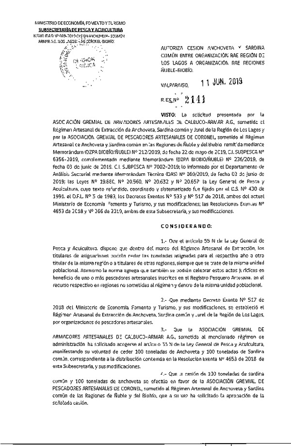 Res. Ex. N° 2141-2019 Autoriza cesión anchoveta y sardina común Región de Los Ríos a Región del Biobío.