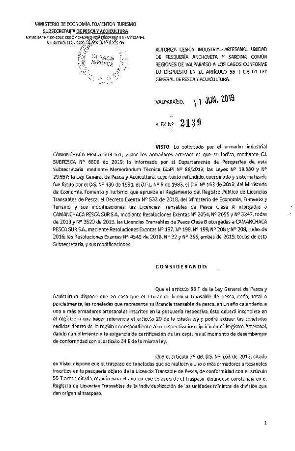 Res. Ex. N° 2139-2019 Autoriza cesión pesquería Anchoveta y Sardina común, Regiones de Valparaíso a Los Lagos.