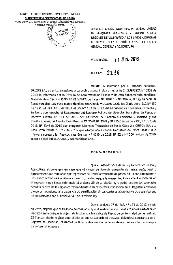 Res. Ex. N° 2140-2019 Autoriza cesión pesquería Anchoveta y Sardina común, Regiones de Valparaíso a Los Lagos.