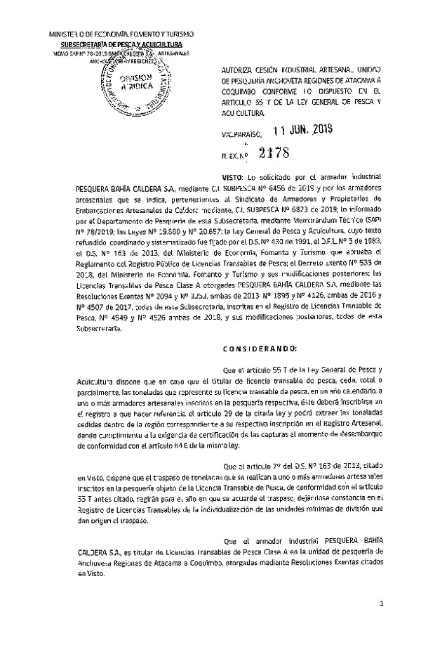 Res. Ex. N° 2178-2019 Autoriza cesión pesquería Anchoveta, Regiones de Atacama a Coquimbo.