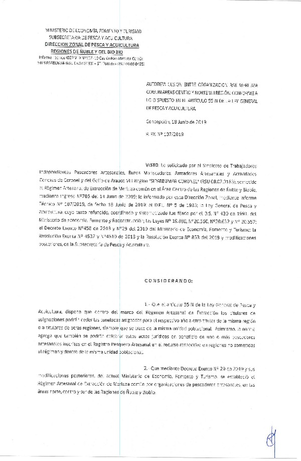 Res. Ex. N° 107-2019 (DZP VIII) Autoriza cesión Merluza común Regiones de Ñuble y del Biobío.