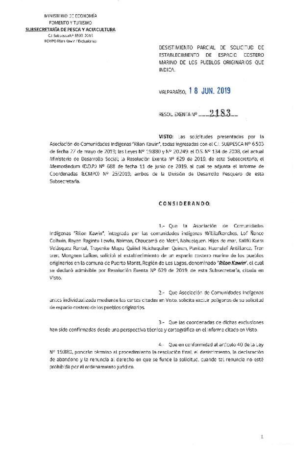 Res. Ex. N° 2183-2019 Desistimiento parcial de solicitud de establecimiento ECMPO Rilon Kawin. (Publicado en Página Web 19-06-2019)