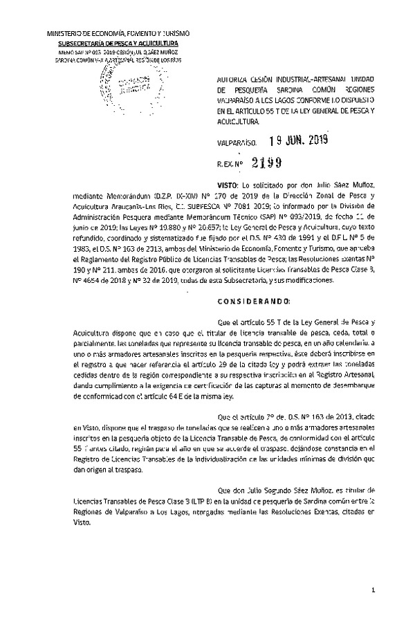 Res. Ex. N° 2199-2019 Autoriza cesión pesquería Anchoveta y Sardina común, Regiones de Valparaíso a Los Lagos.