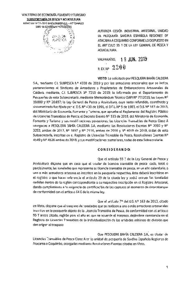 Res. Ex. N° 2200-2019 Autoriza cesión pesquería Anchoveta y Sardina española, Regiones de Atacama a Coquimbo.