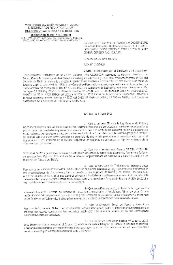Res. Ex. N° 110-2019 (DZP VIII) Autoriza cesión Merluza común Regiones de Ñuble y del Biobío.