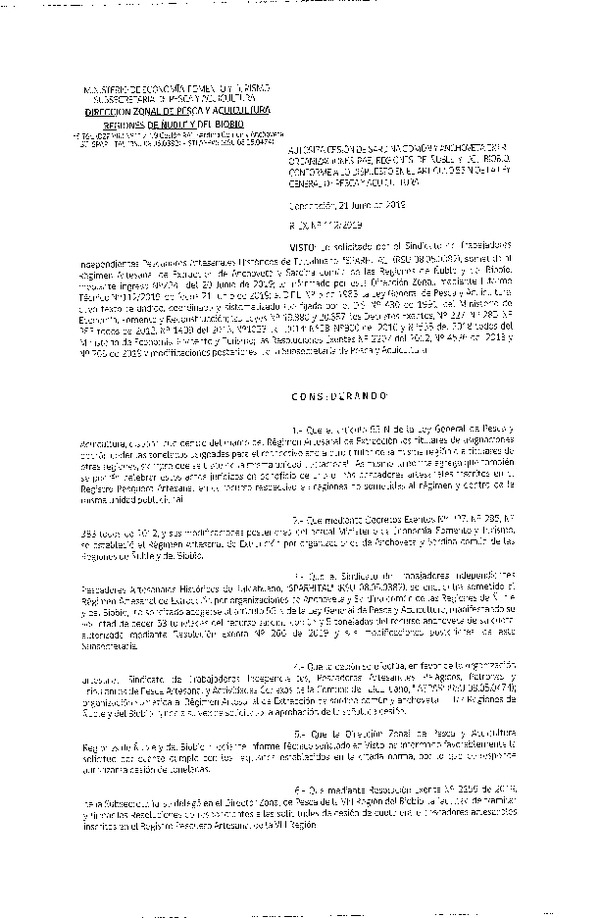 Res. Ex. N° 112-2019 (DZP VIII) Autoriza cesión Anchoveta y sardina común Regiones de Ñuble y del Biobío.