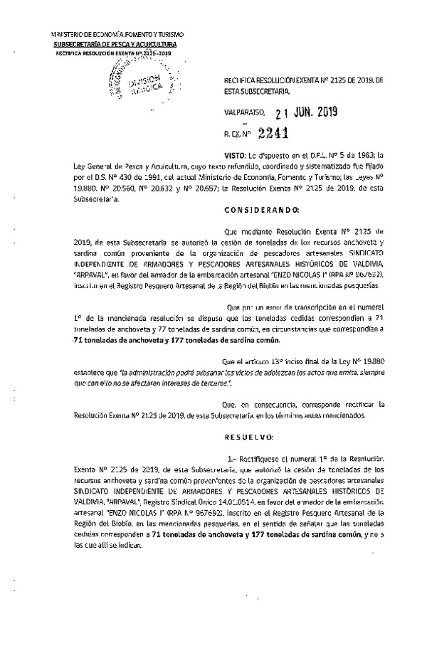 Res. Ex. N° 2241-2019 Rectifica Res. Ex. N° 2125-2019 Autoriza cesión anchoveta y sardina común Región de Los Ríos a Región del Biobío.